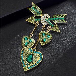 Hearts and Arrows Brooch Gold with Green and clear Stones Dangle Pin